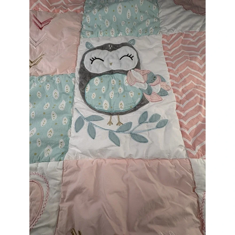 Handmade Baby Quilt Owl‎ Patchwork Pink Aqua Nursery Crip Lap 42x32